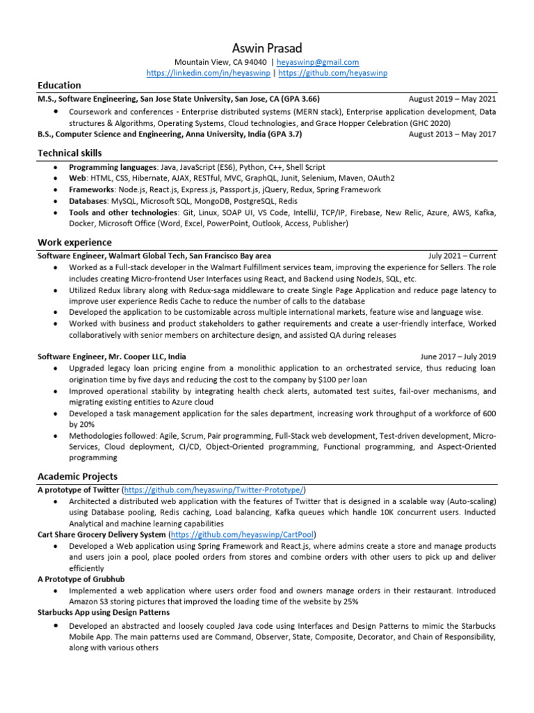 Aswin Prasad: Software Engineer Resume | PDF | Cloud Computing ...