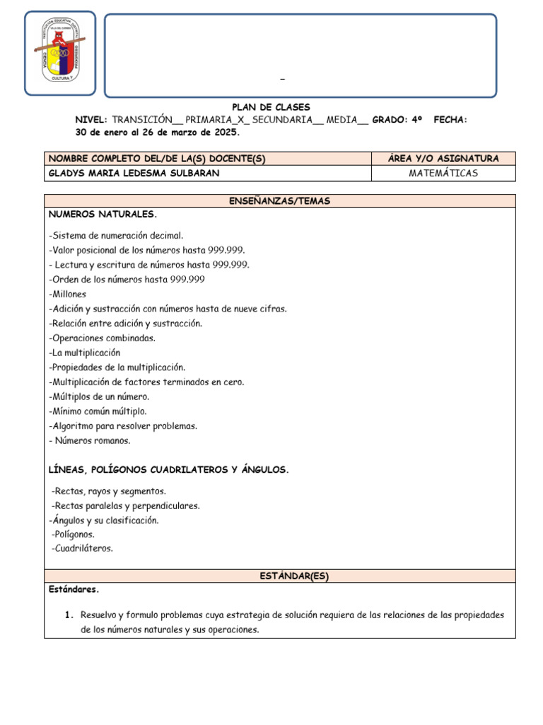 PLAN DE CLASES MATEMATICAS CUARTO PRIMER PERIODO 2025 | PDF ...