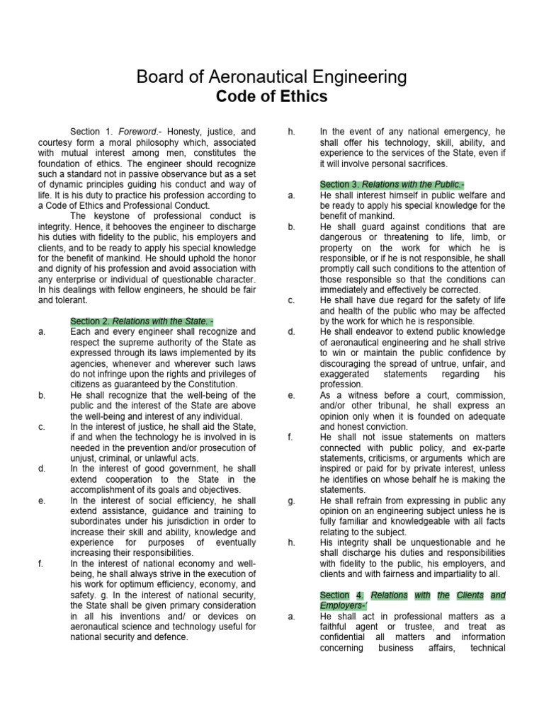 Aeronautical Engineering Ethics Code | PDF | Engineer | Employment