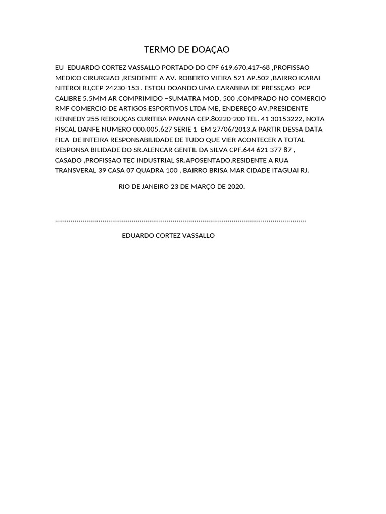 Termo de doa ao sumatra pdf