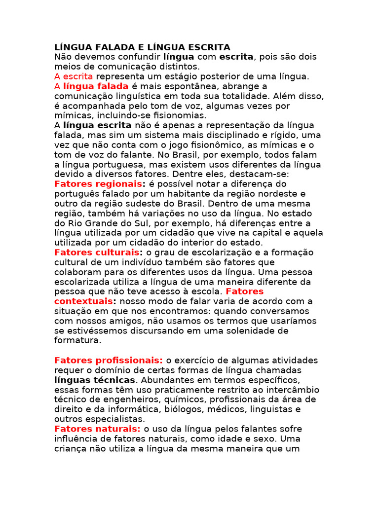 Diferenças entre Língua Falada e Escrita | PDF | Comunicação | Linguística