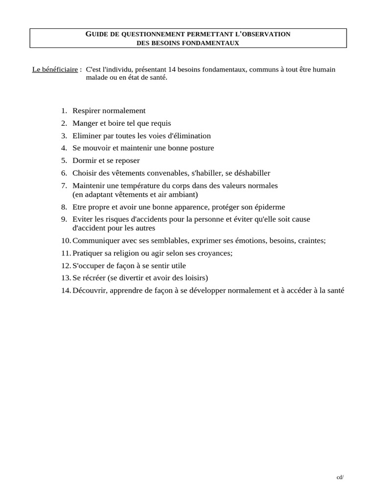 Guide d'observation des besoins fondamentaux | PDF | Sommeil | Hygiène