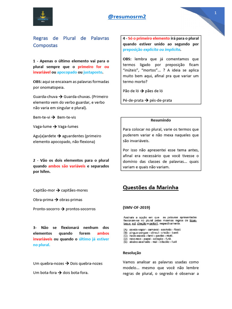 Regras de Plural em Palavras Compostas | PDF | Plural | Adjetivo