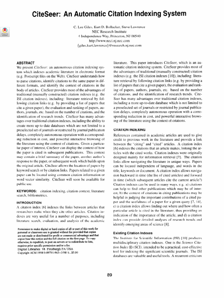 Giles98-Citeseer An Automatic Citation Indexing System | PDF