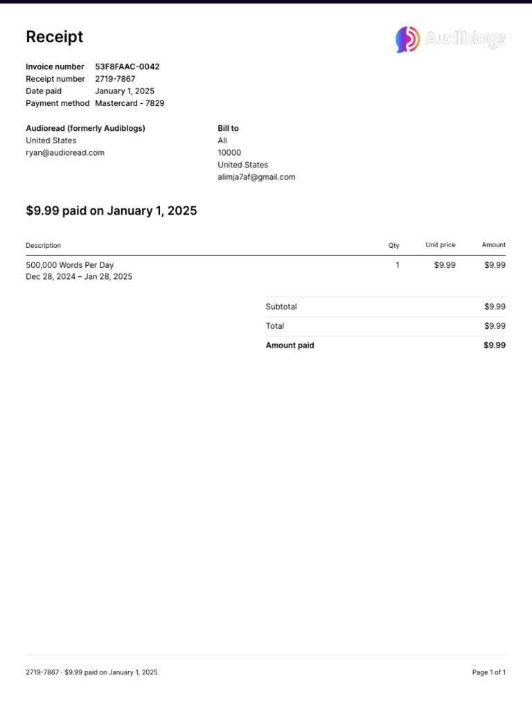Audioread Payment Receipt - $9.99 | PDF