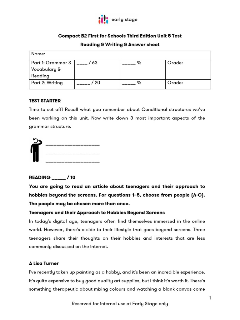 Unit 5 Test: Reading & Writing Answers | PDF | Hobbies | Vocabulary