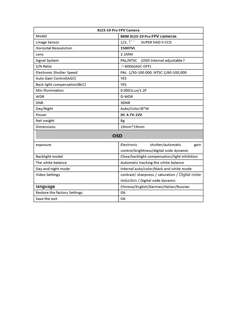 KLES-19 Pro FPV Camera Specifications | PDF