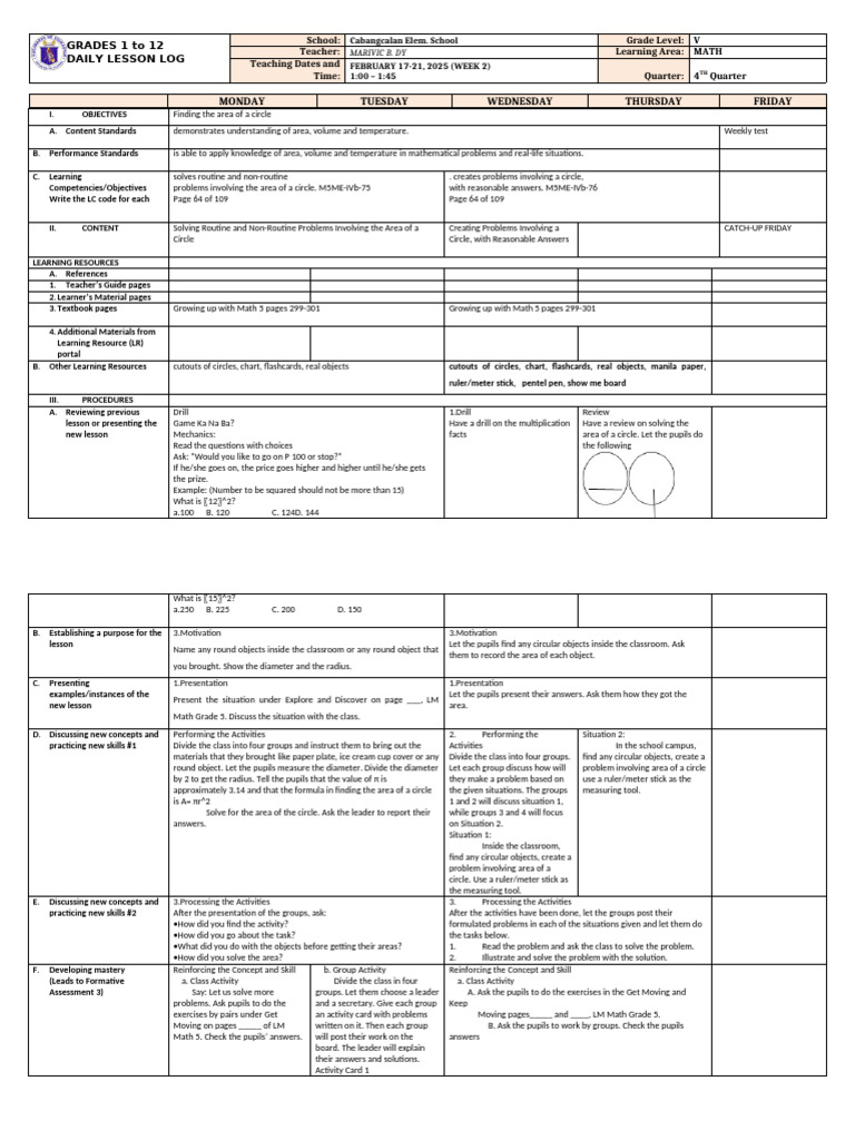 Grade 5 DLL MATH 5 Q4 Week 2 | PDF | Area | Circle