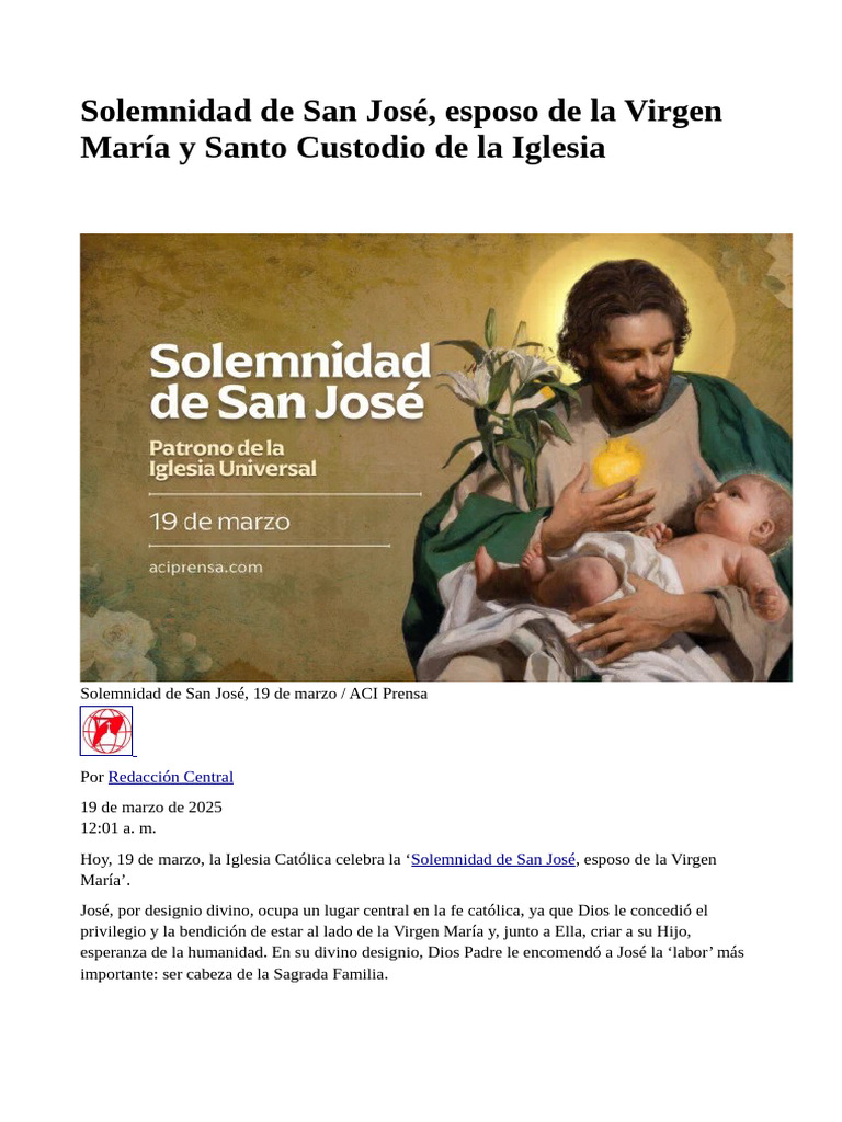 Solemnidad de San José: Patrono y Custodio | PDF | San José | María ...