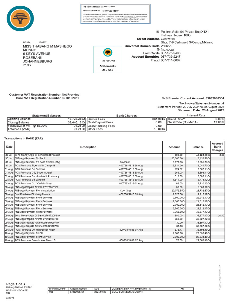FNB Business Account Statement Summary | PDF | Point Of Sale | Fee