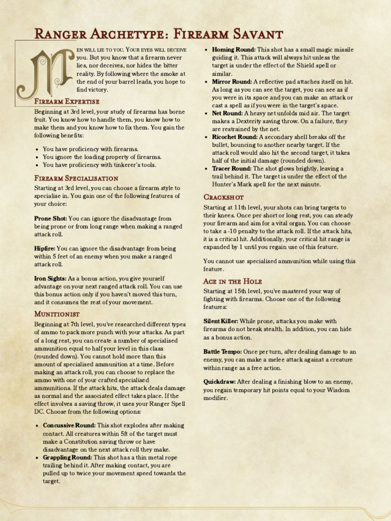 Ranger Firearm Savant Archetype Guide | PDF | Ammunition | Ballistics
