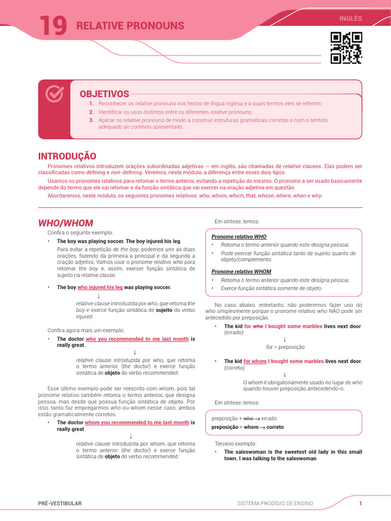 Pronomes Relativos em Inglês: Guia Completo | PDF | Pronome | Assunto ...
