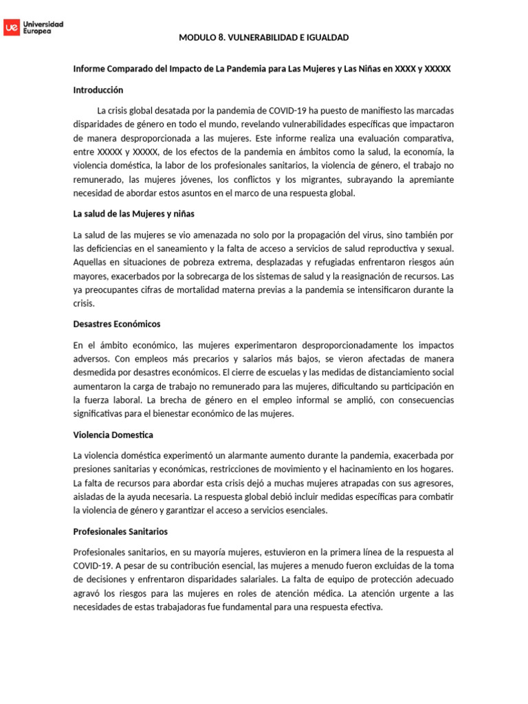 Informe Comparado Del Impacto de La Pandemia para Las Mujeres y Las ...