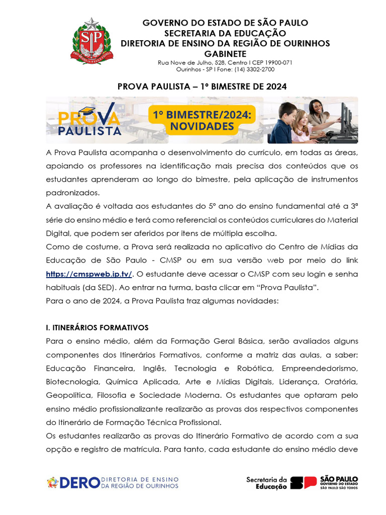 Prova Paulista 2024: 1º Bimestre e Novidades | PDF | Educação Especial ...