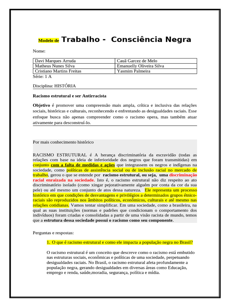 Trabalho Consciência Negra 1 A | PDF | Racismo | Discriminação e ...