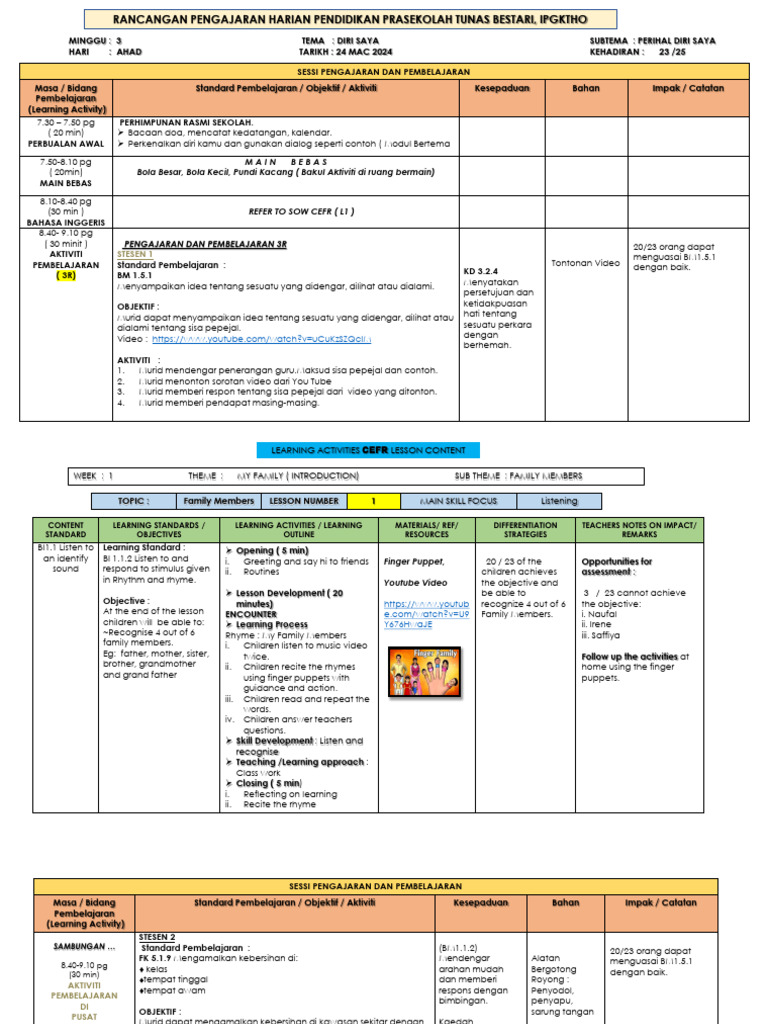 Rancangan Pengajaran Harian Prasekolah | PDF