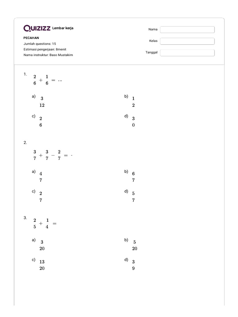 Quizizz Pecahan Pdf