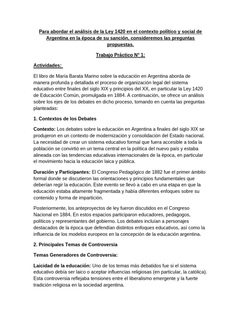 Análisis de la Ley 1420 en Argentina | PDF | Plan de estudios ...
