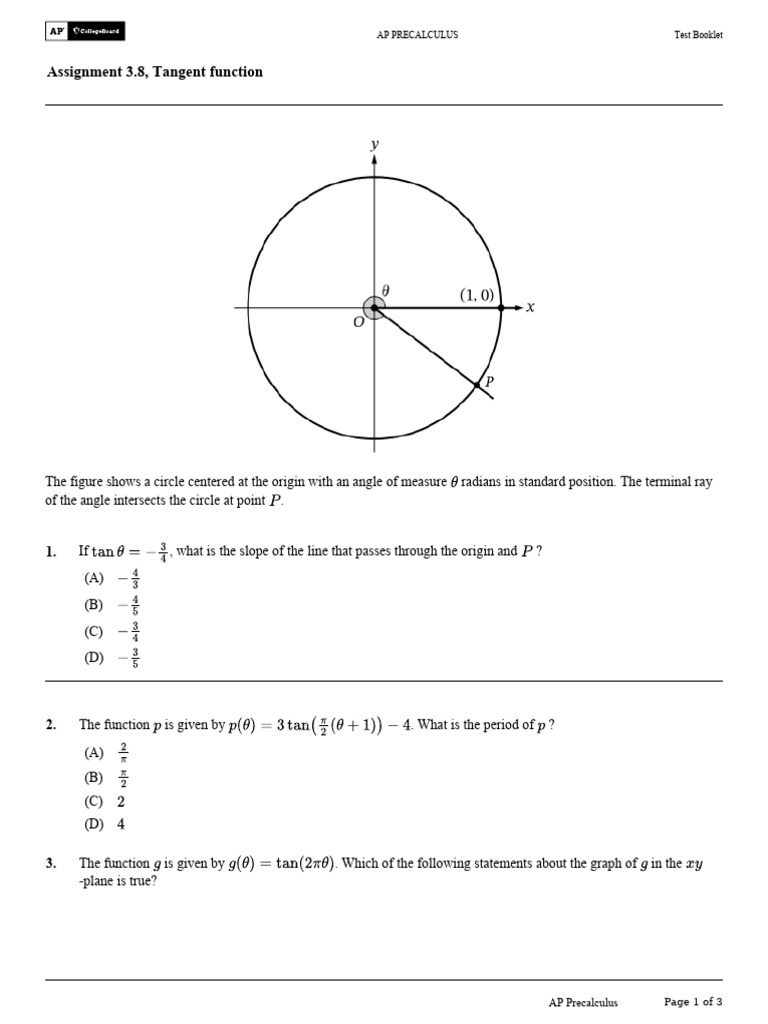AP Precalculus Tangent Function Quiz | PDF | Slope | Angle