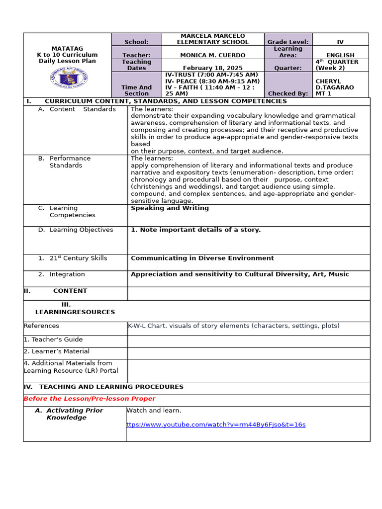 Grade IV English Lesson Plan Overview | PDF | Reading Comprehension ...