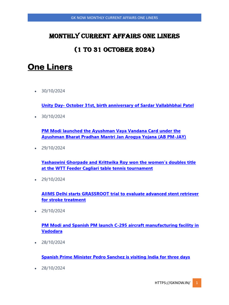 Monthly One Liner 1 To 31 October 2024 (Eng) | PDF | Hassan Nasrallah