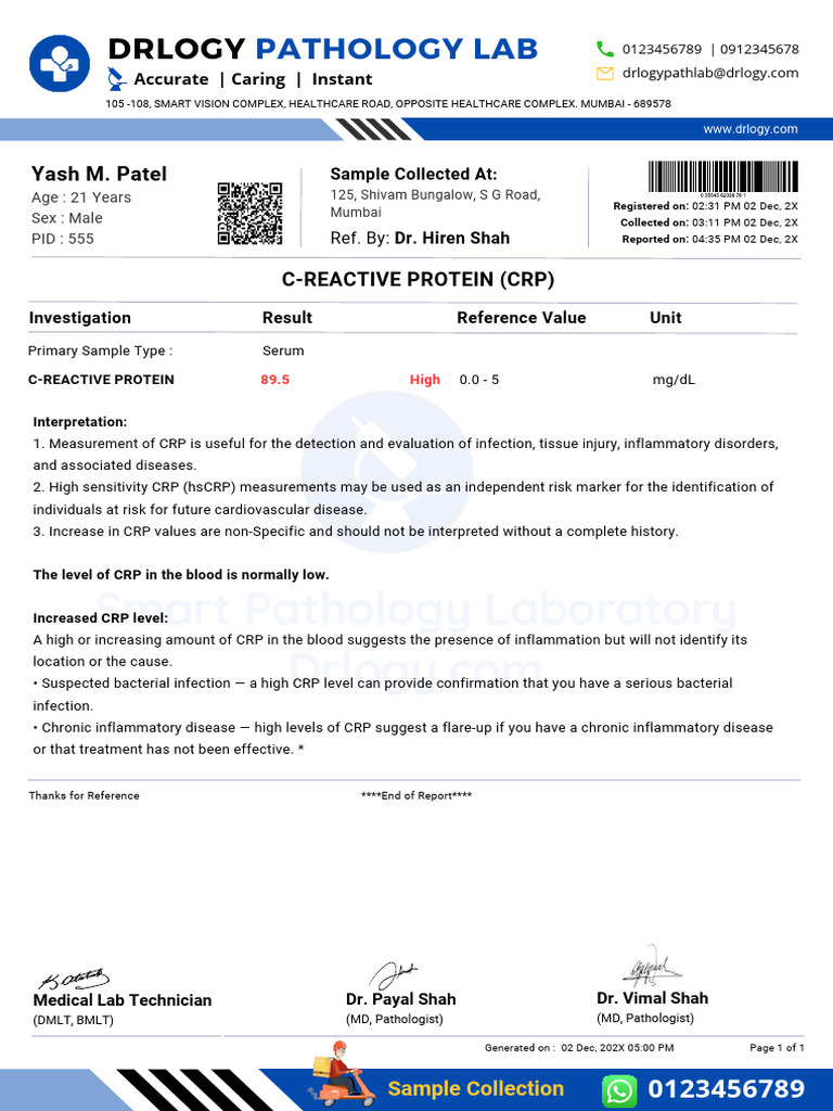 CRP Test Report: High Inflammation Level | PDF | C Reactive Protein ...