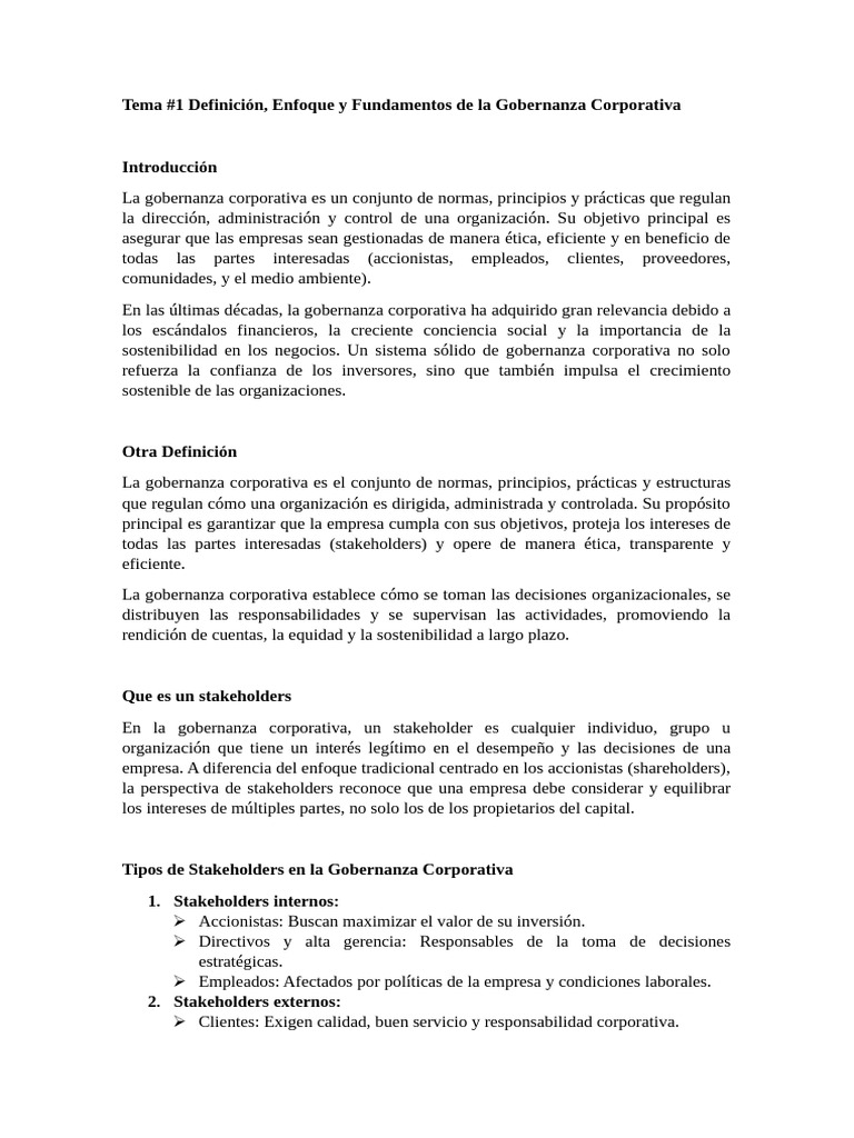 Tema #1 Definición, Enfoque y Fundamentos de La Gobernanza Corporativa ...