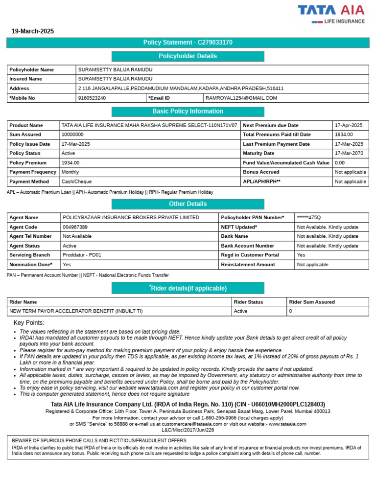 Statement 20250319141018897 C279033170 | PDF | Insurance | Life Insurance