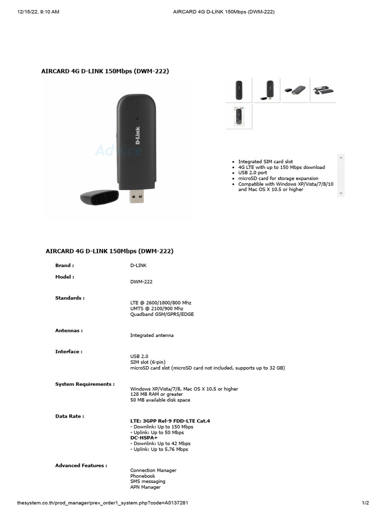 Aircard 4g D-Link 150mbps (Dwm-222) | PDF | 4 G | Lte (Telecommunication)