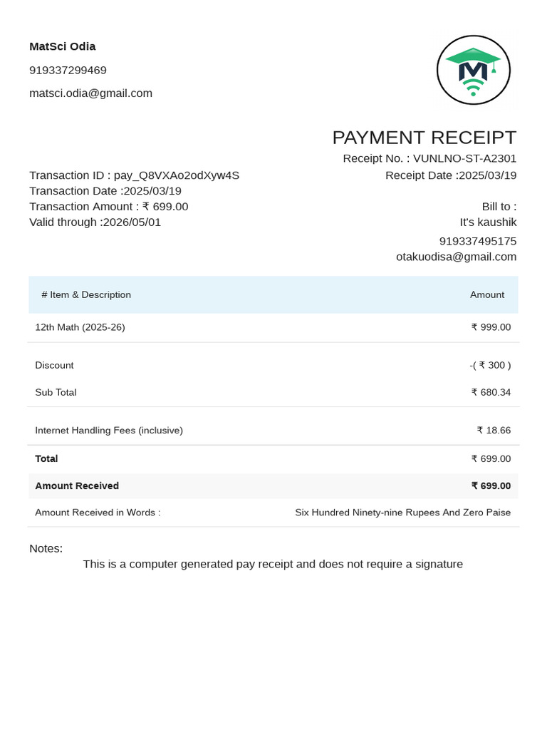 Payment Receipt for 12th Math Course | PDF