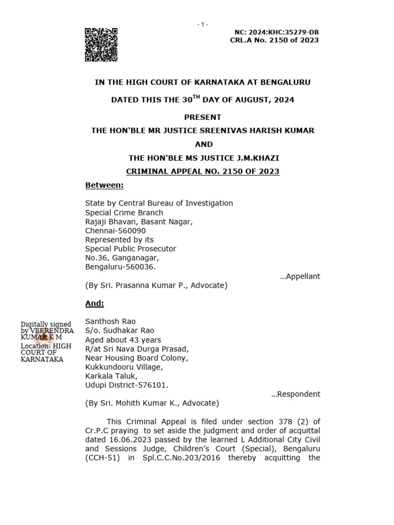Soujanya Murder Case Appeal Judgment | PDF | Rape | Acquittal
