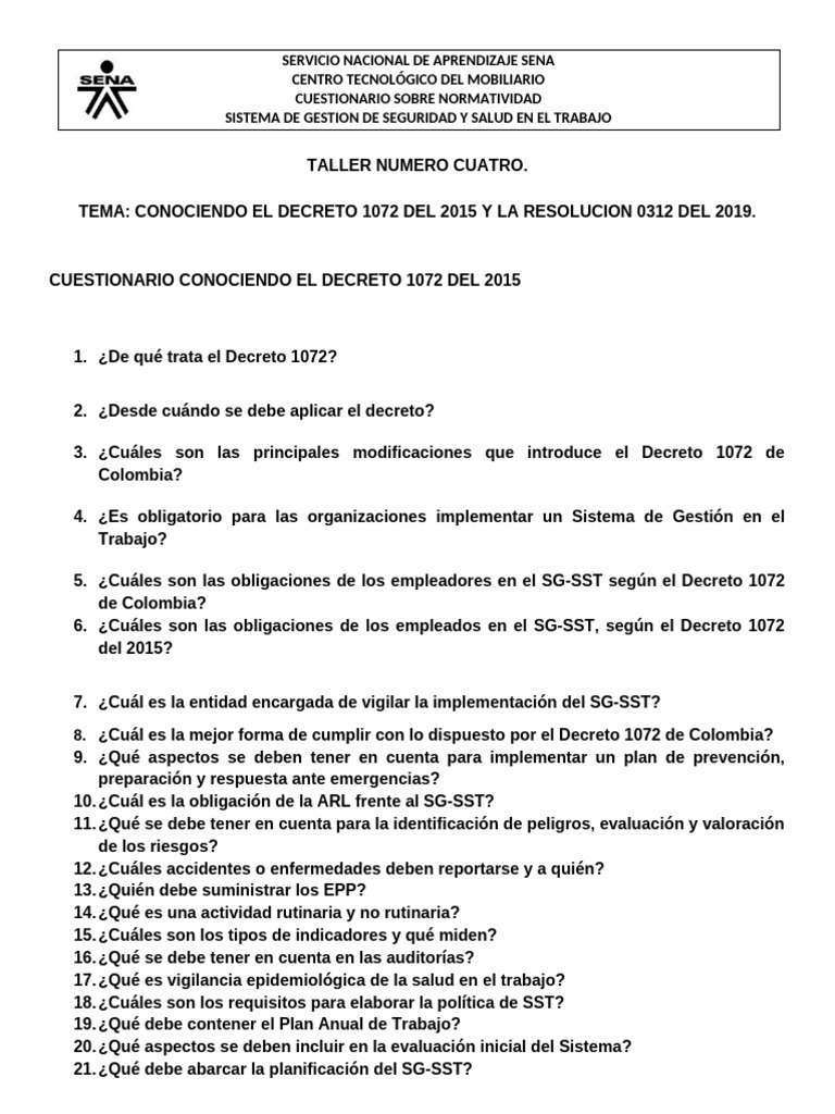 Preguntas Dec 1072 y Res 0312 | PDF