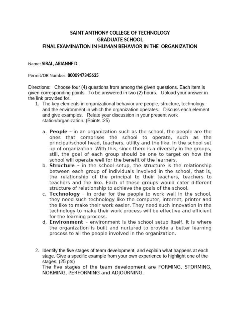 Human Behavior in Organizations Exam | PDF | Motivational | Motivation