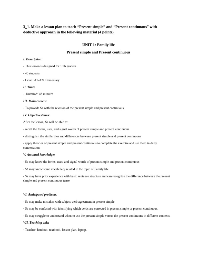 Lesson Plan: Present Simple vs Continuous | PDF | Grammatical Tense ...