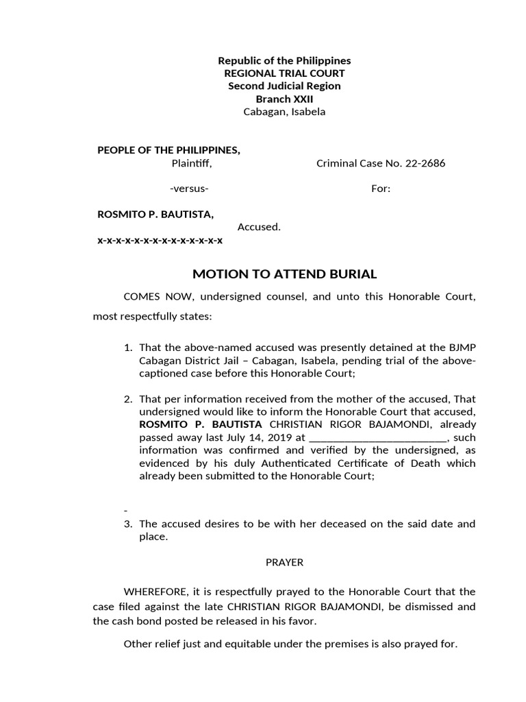 MOTION TO ATTEND BURIAL Sample | PDF
