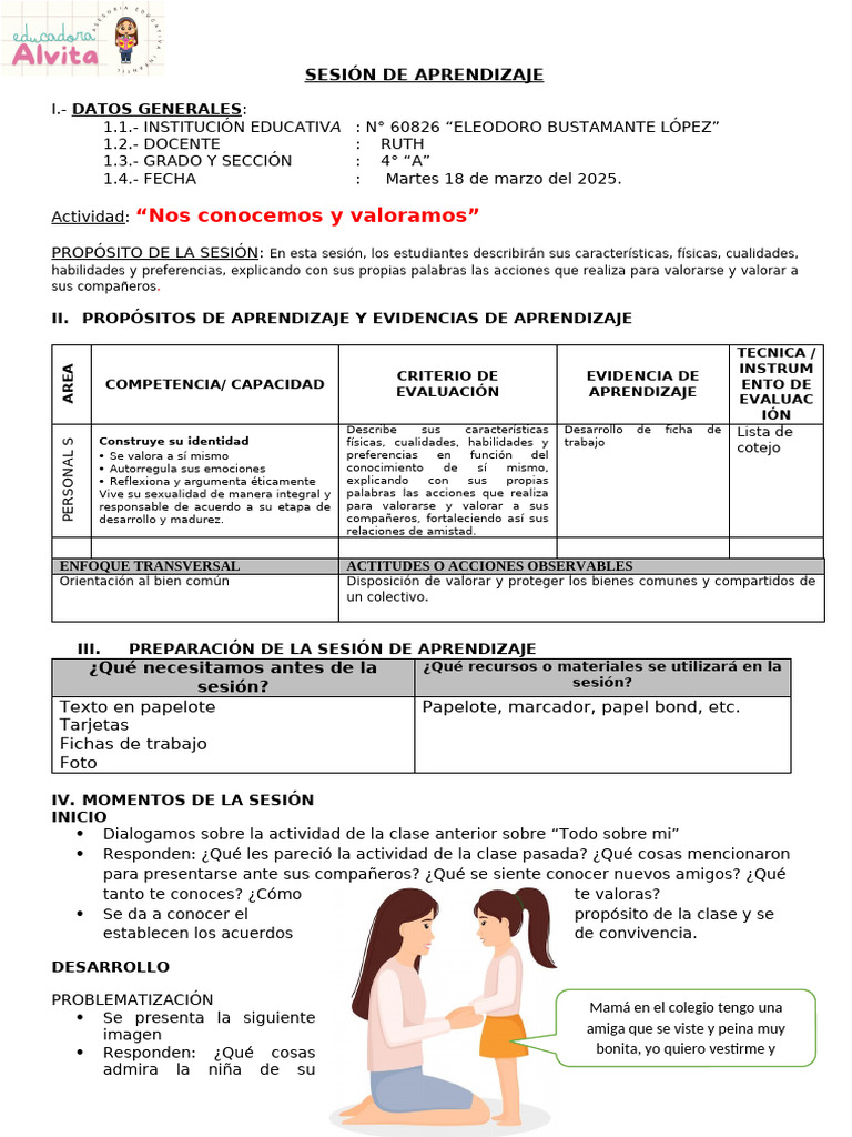 PS - Nos Conocemos y Valoramos Sesion | PDF | Autoestima | Aprendizaje