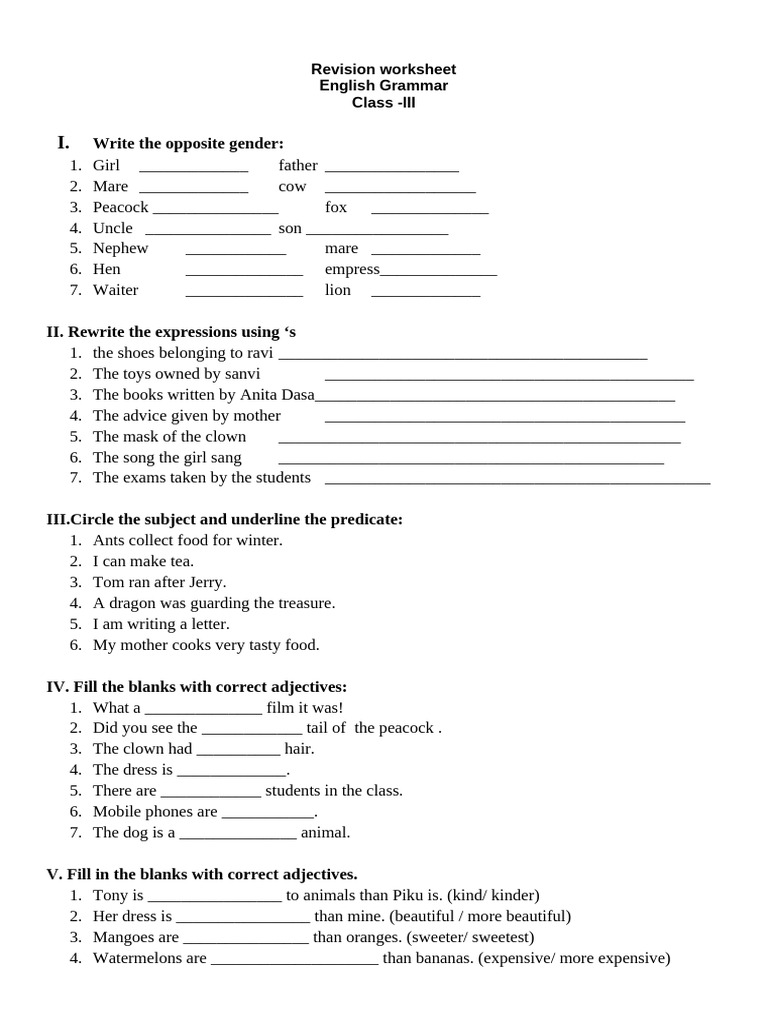 Class 3 English Grammar Revision Worksheet | PDF | Linguistic Typology ...