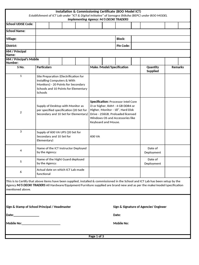 ICT Lab Installation Certificate | PDF | Specification (Technical ...
