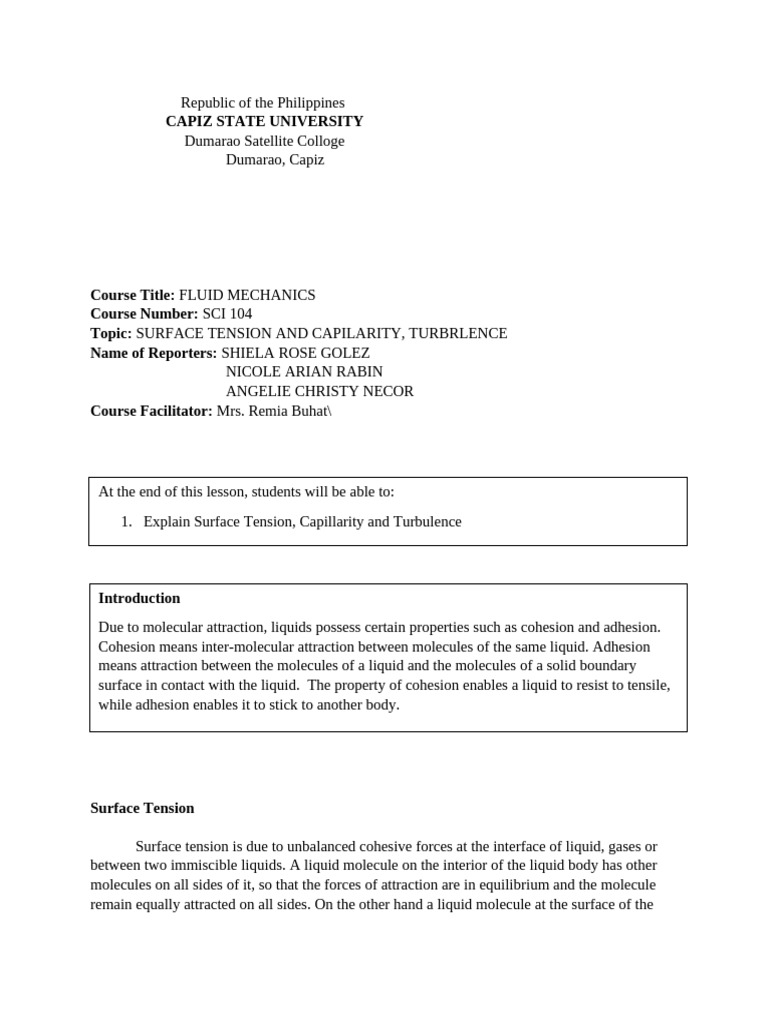 Surface Tension and Capillarity Explained | PDF | Reynolds Number ...