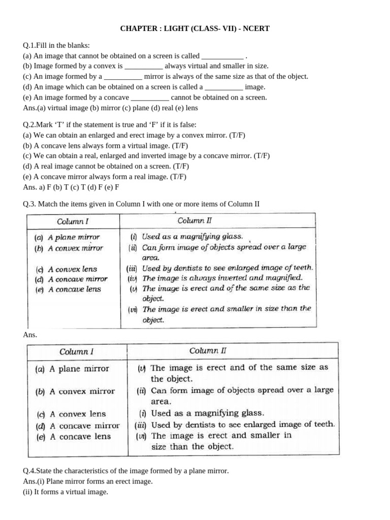 Class 7 Science: Light Concepts and Questions | PDF | Mirror | Glass ...