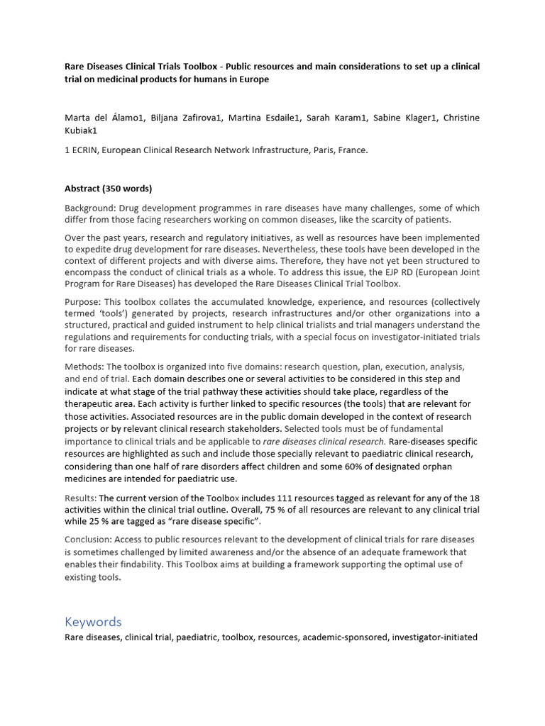 Rare Diseases Clinical Trials Toolbox: Public Resources and Main ...