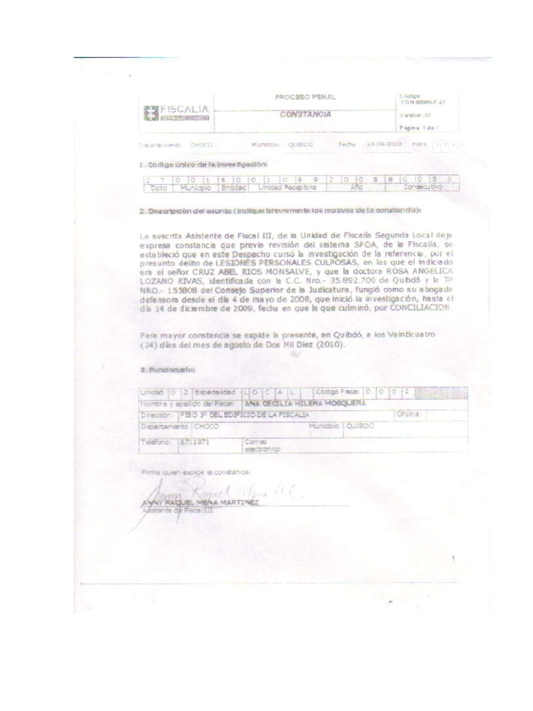 CERTIFICACION LABORAL FISCALIA 2 LOCAL. INV. LESIONES P. | PDF