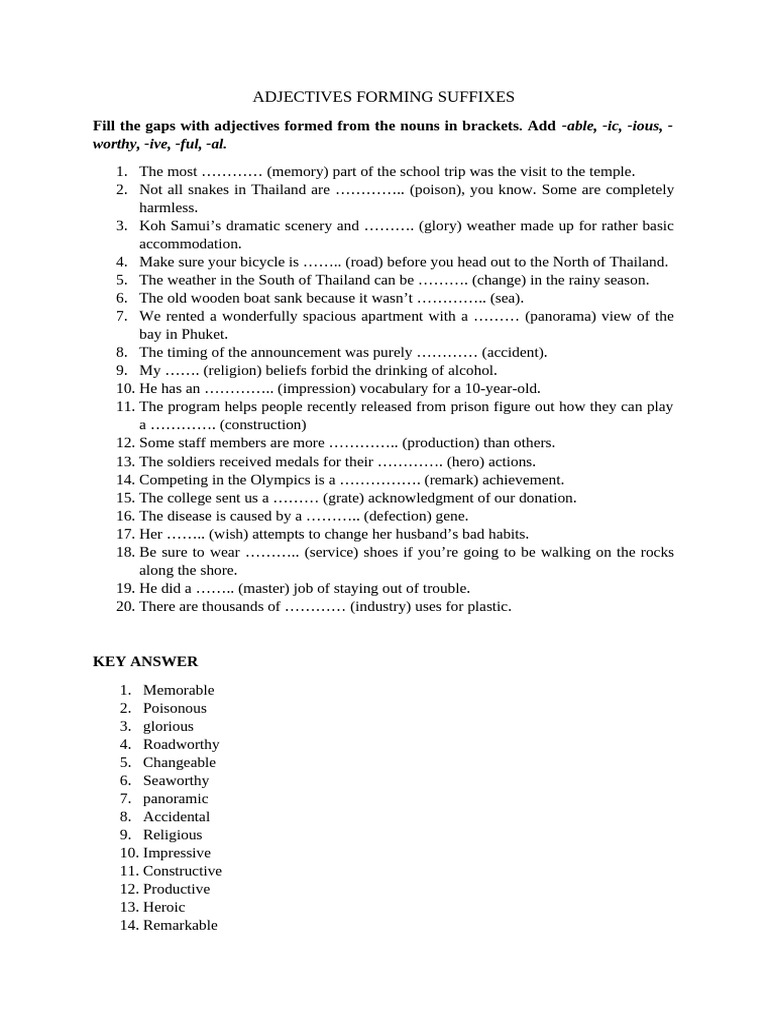 Adjective Formation Exercises | PDF