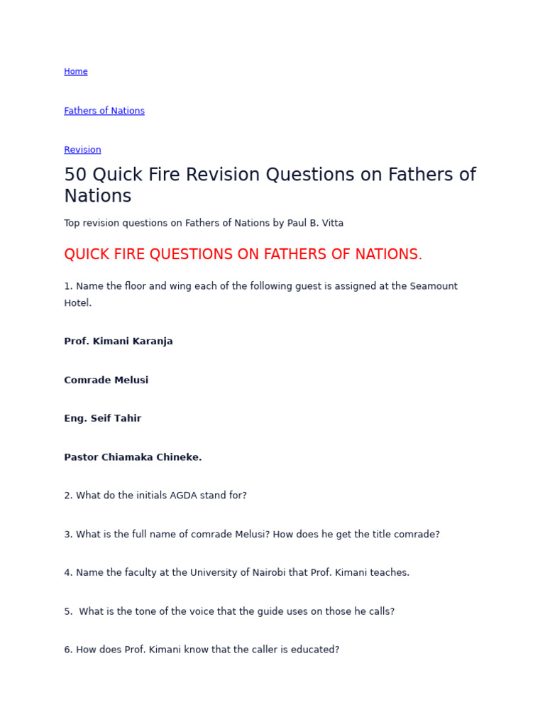 Quick Fire Questions on Fathers of Nations | PDF