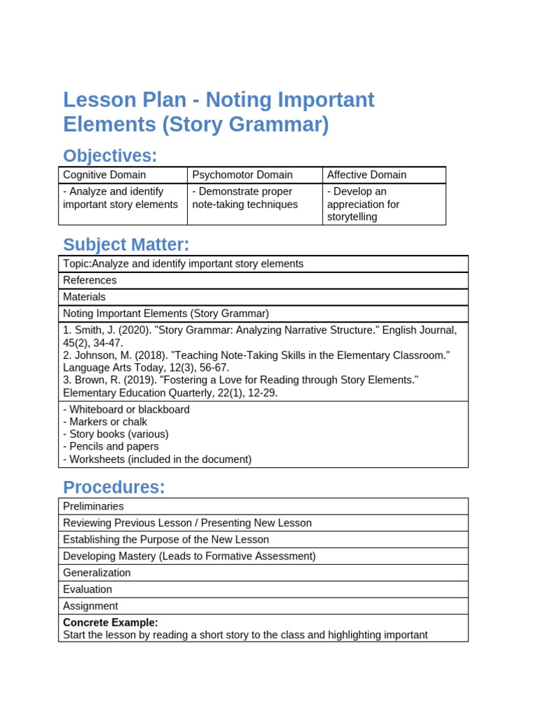 Story Grammar Elements Lesson Plan | PDF | Reading Comprehension | Learning
