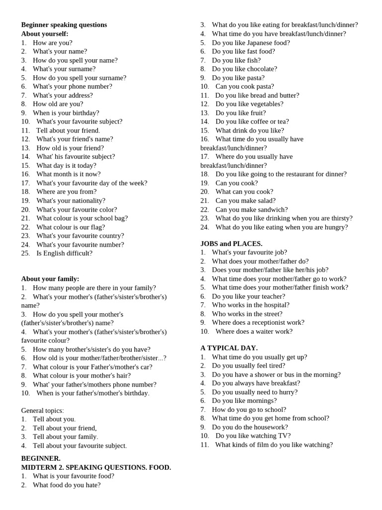 Beginner Speaking Questions Pdf Lunch Foods
