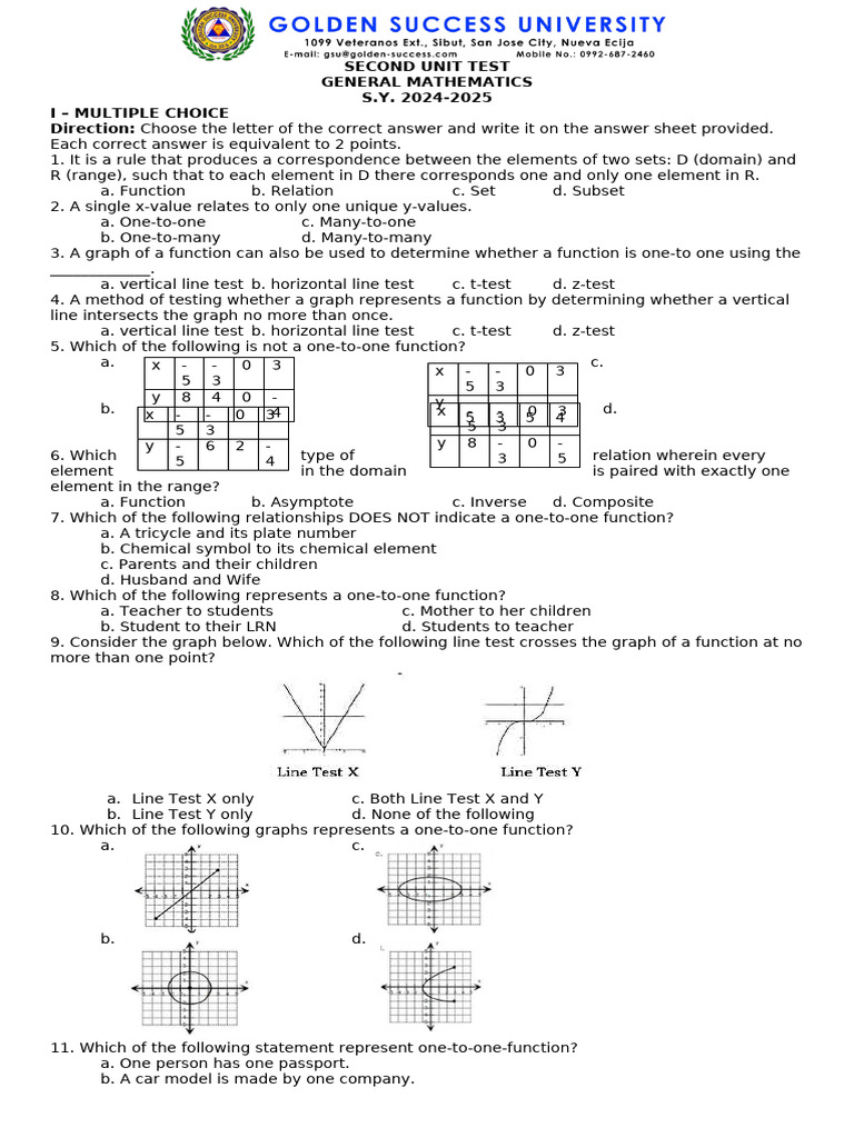 General Mathematics Unit Test 2024-2025 | PDF | Function (Mathematics ...