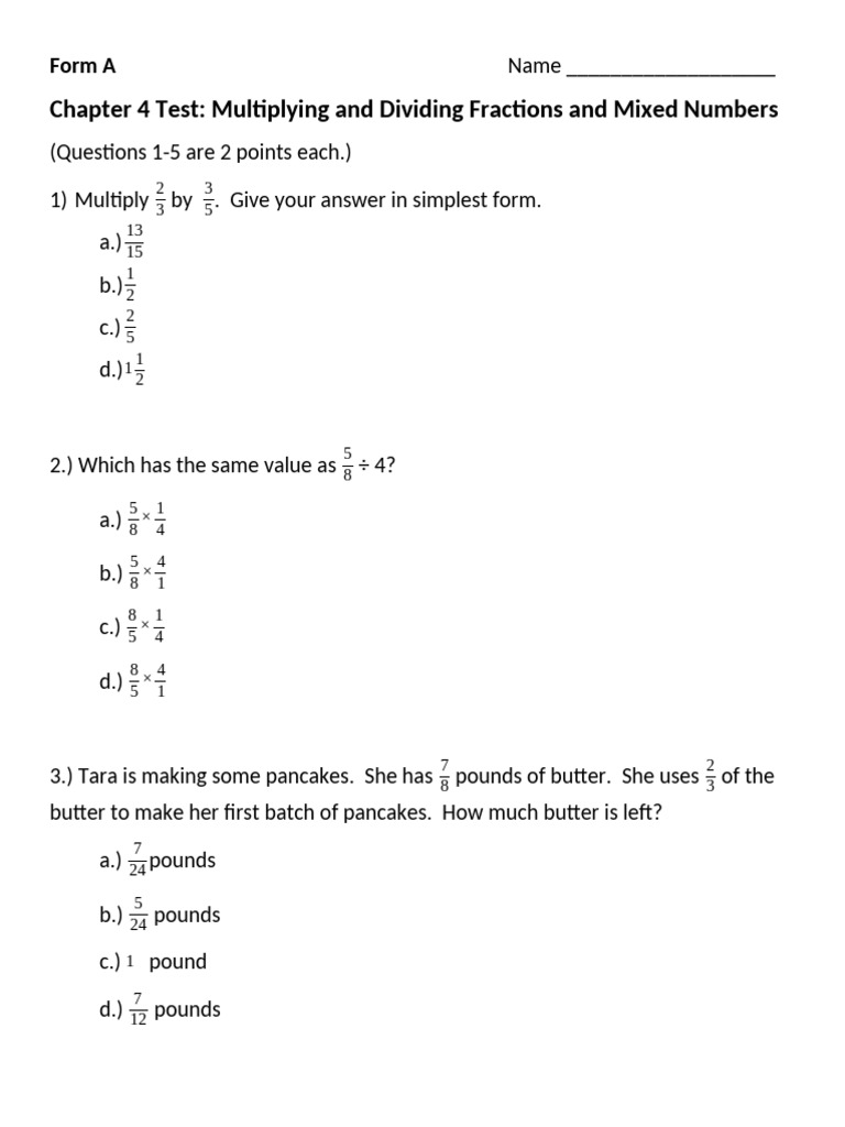 5th Grade Fraction Test Answers | PDF | Mathematics | Numbers
