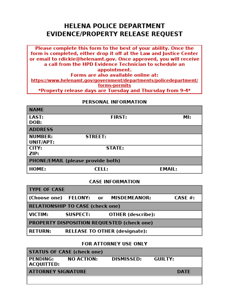Helena Police Evidence Release Form | PDF | Common Law | Crimes
