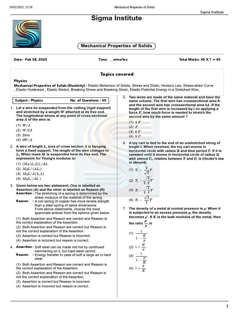 Mechanical Properties of Solids Exam | PDF | Young's Modulus ...